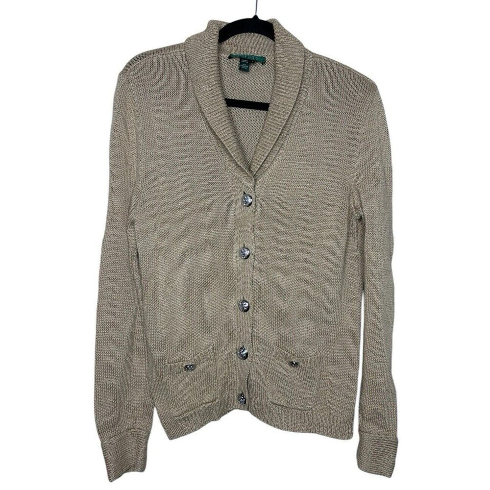 Vintage Ralph Lauren LRL Tan Cotton Shawl Collar V-Neck Sweater Cardigan Size L